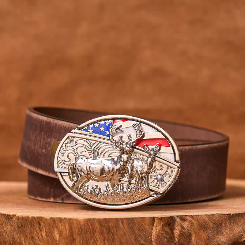 Men's DIY Enameled USA Flag & Deer Hidden Folding Knife Leather Belt