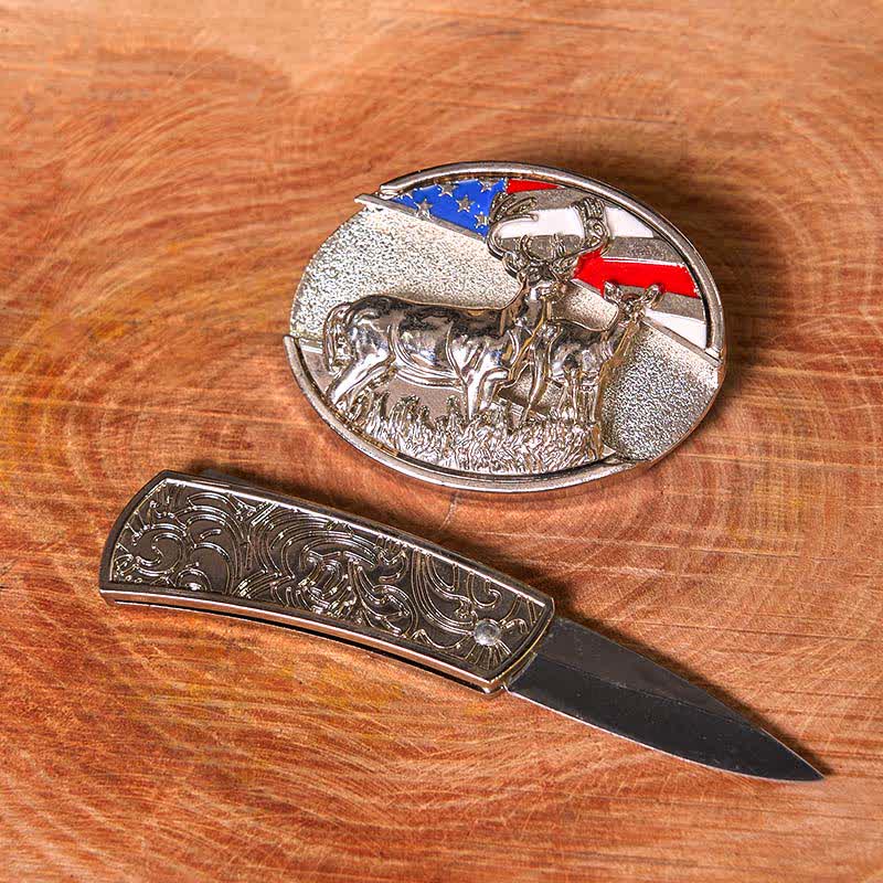 Men's DIY Enameled USA Flag & Deer Hidden Folding Knife Leather Belt