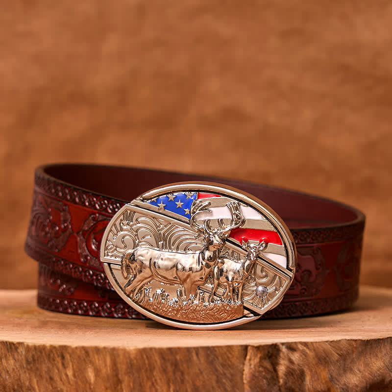 Men's DIY Enameled USA Flag & Deer Hidden Folding Knife Leather Belt