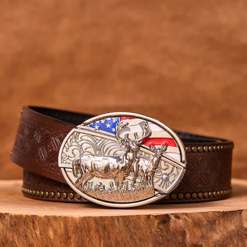 Men's DIY Enameled USA Flag & Deer Hidden Folding Knife Leather Belt