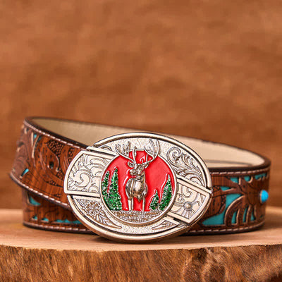 Men's DIY Colored Mountain Elk Hidden Folding Knife Leather Belt