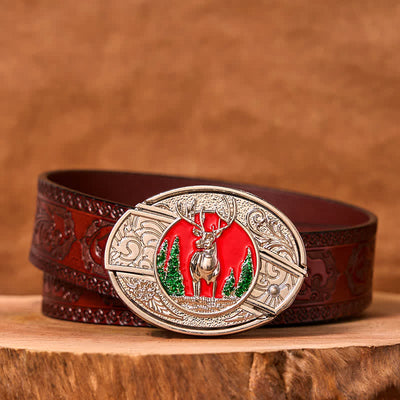 Men's DIY Colored Mountain Elk Hidden Folding Knife Leather Belt