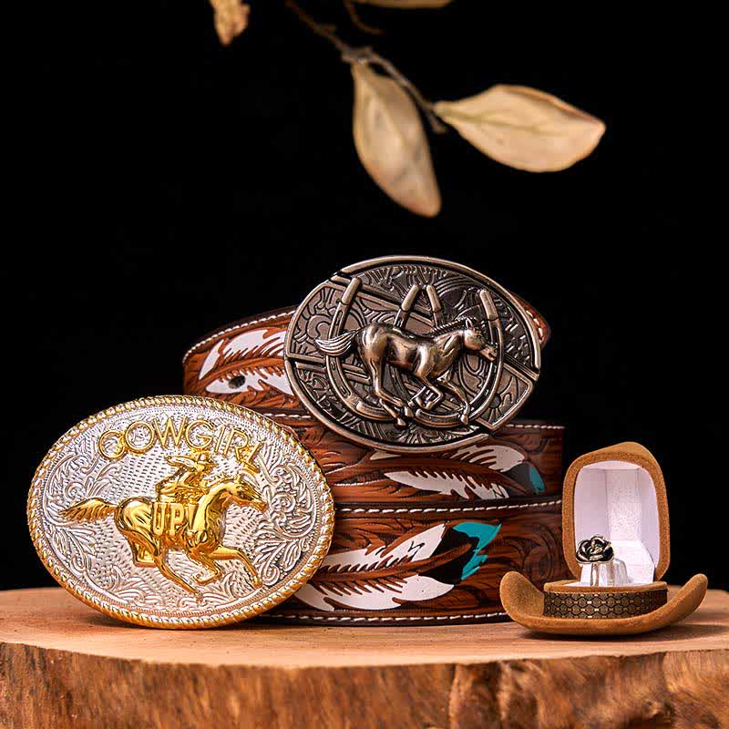 Cowgirl DIY Running Horse Hidden Knife Belt Buckle Twist Rose Ring Bundle Set