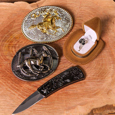 Cowgirl DIY Running Horse Hidden Knife Belt Buckle Twist Rose Ring Bundle Set