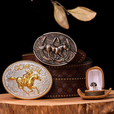 Cowgirl DIY Running Horse Hidden Knife Belt Buckle Twist Rose Ring Bundle Set