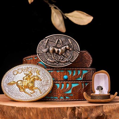 Cowgirl DIY Running Horse Hidden Knife Belt Buckle Twist Rose Ring Bundle Set