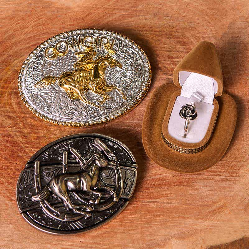 Cowgirl DIY Running Horse Hidden Knife Belt Buckle Twist Rose Ring Bundle Set