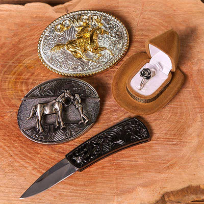 DIY Western Cowgirl Hidden Knife Belt Buckle Twist Rose Ring Bundle Set