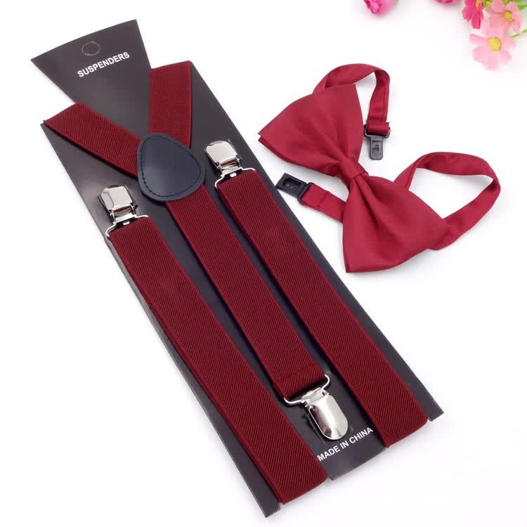 2Pcs Solid Color Bow Tie 3-Clips Adjustable Suspenders Set