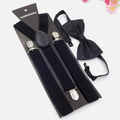 2Pcs Solid Color Bow Tie 3-Clips Adjustable Suspenders Set