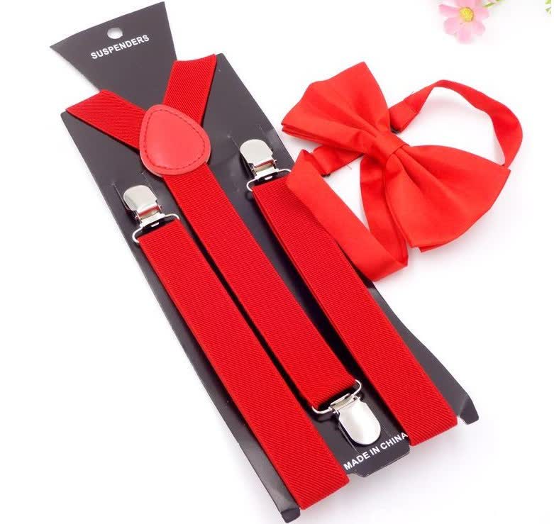 2Pcs Solid Color Bow Tie 3-Clips Adjustable Suspenders Set