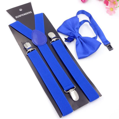 2Pcs Solid Color Bow Tie 3-Clips Adjustable Suspenders Set