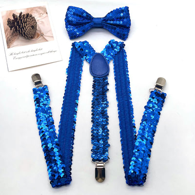 2Pcs Funny Party Sequin Bow Tie 3-Clips Adjustable Suspenders Set