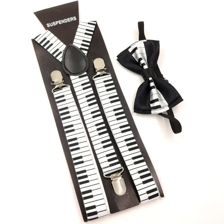 2Pcs Piano Pattern Music Bow Tie 3-Clips Adjustable Suspenders Set