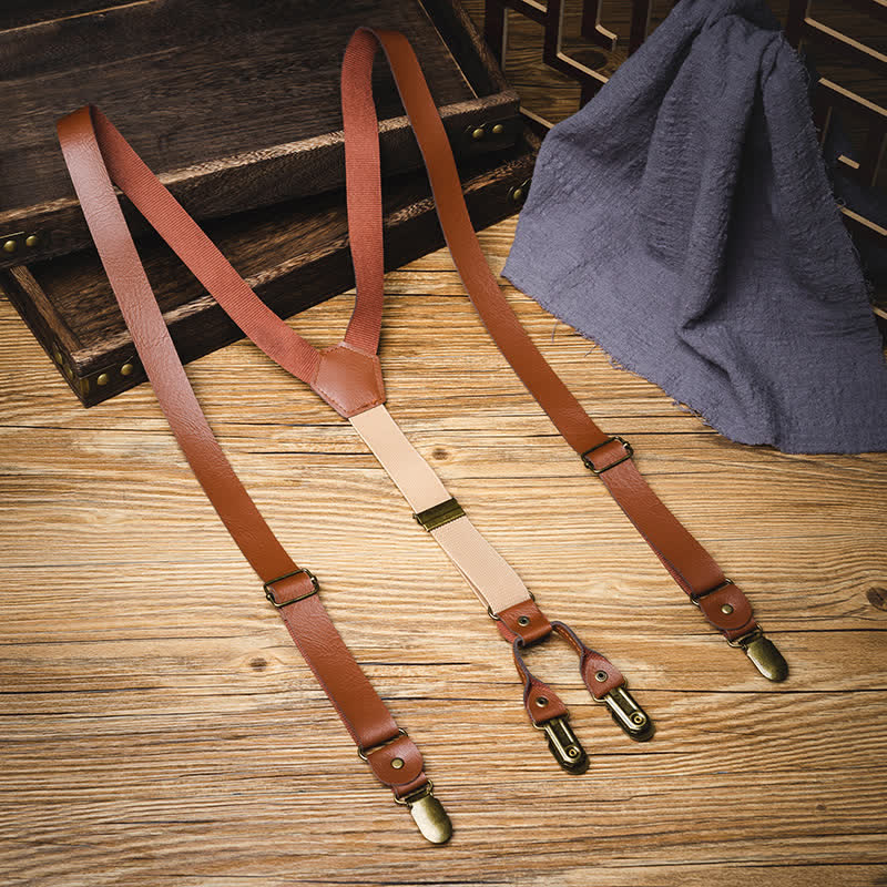 Brown Retro Style Elastic Adjustable Leather Suspenders