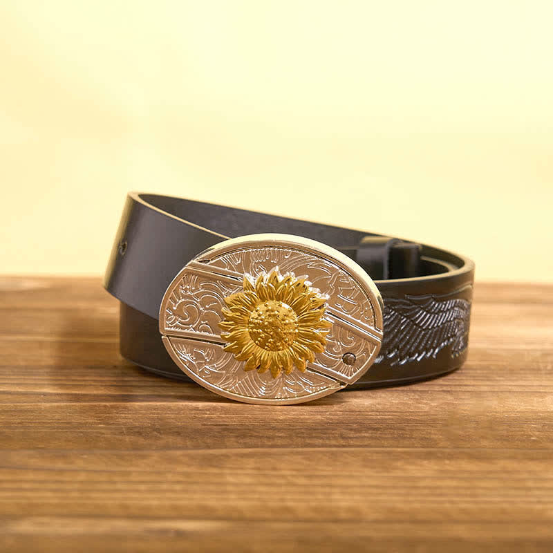 Men's DIY Gold & Silver Sunflower Hidden Folding Knife Leather Belt