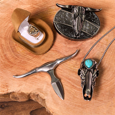 Longhorn Skull DIY Hidden Knife Belt Buckle With Bull Ring Bundle Set