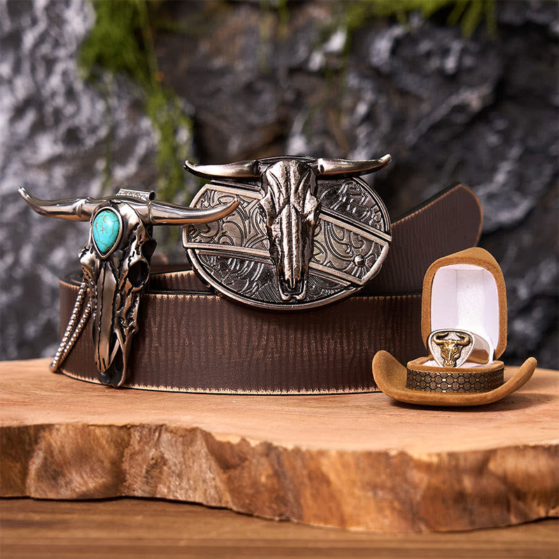 Longhorn Skull DIY Hidden Knife Belt Buckle With Bull Ring Bundle Set