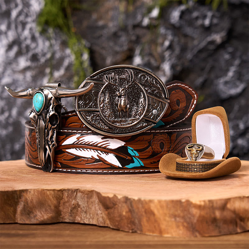 Forest Deer DIY Hidden Knife Belt Buckle With Bull Ring Bundle Set