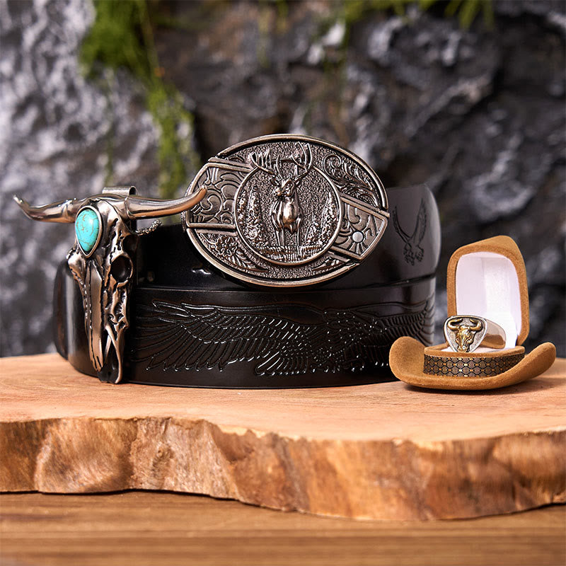 Forest Deer DIY Hidden Knife Belt Buckle With Bull Ring Bundle Set