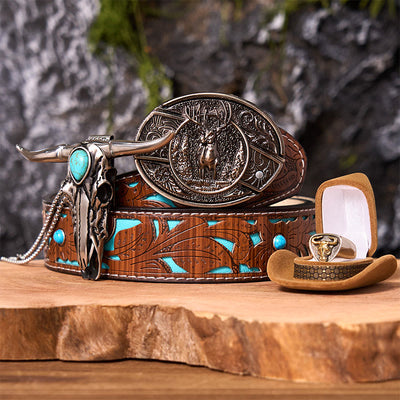 Forest Deer DIY Hidden Knife Belt Buckle With Bull Ring Bundle Set