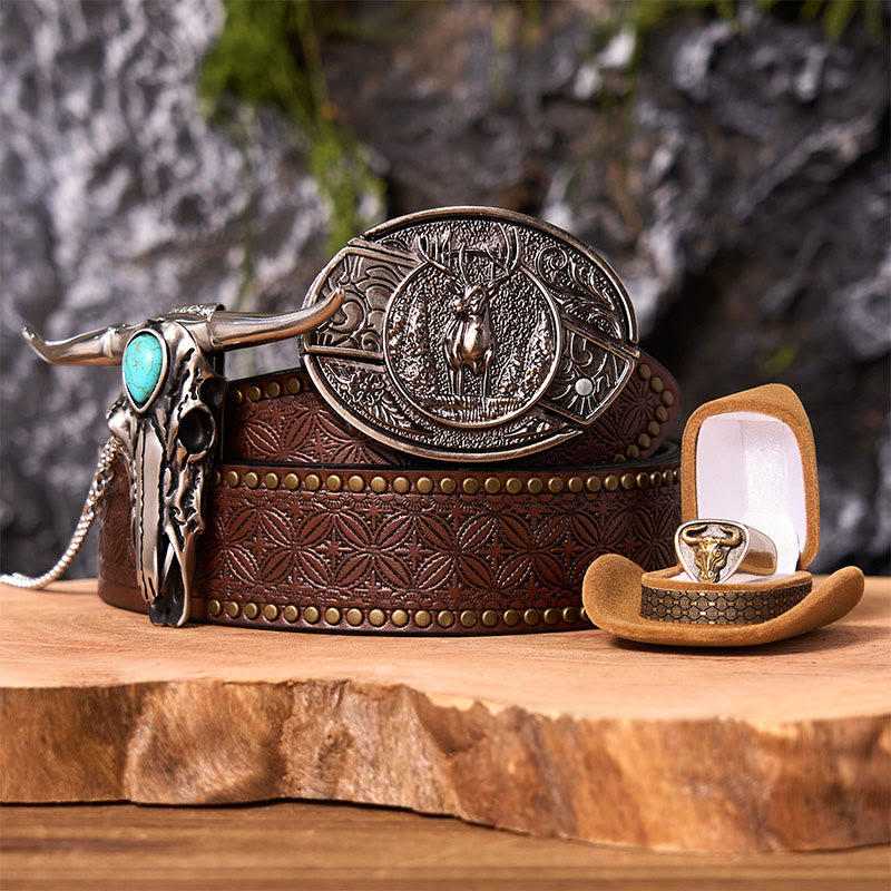 Forest Deer DIY Hidden Knife Belt Buckle With Bull Ring Bundle Set