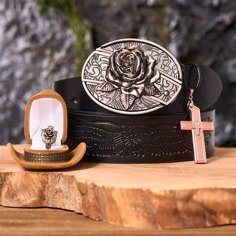 Rose Theme DIY Hidden Knife Belt Buckle Cross Pendant Rose Ring Bundle Set