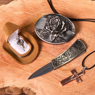 Rose Theme DIY Hidden Knife Belt Buckle Cross Pendant Rose Ring Bundle Set