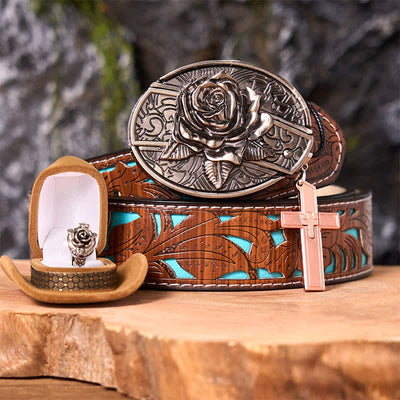 Rose Theme DIY Hidden Knife Belt Buckle Cross Pendant Rose Ring Bundle Set