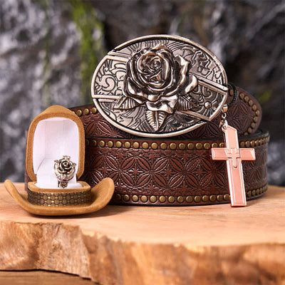 Rose Theme DIY Hidden Knife Belt Buckle Cross Pendant Rose Ring Bundle Set