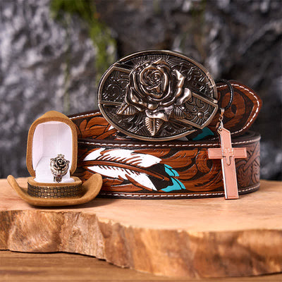 Rose Theme DIY Hidden Knife Belt Buckle Cross Pendant Rose Ring Bundle Set