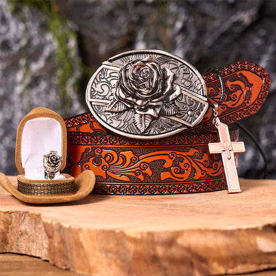 Rose Theme DIY Hidden Knife Belt Buckle Cross Pendant Rose Ring Bundle Set