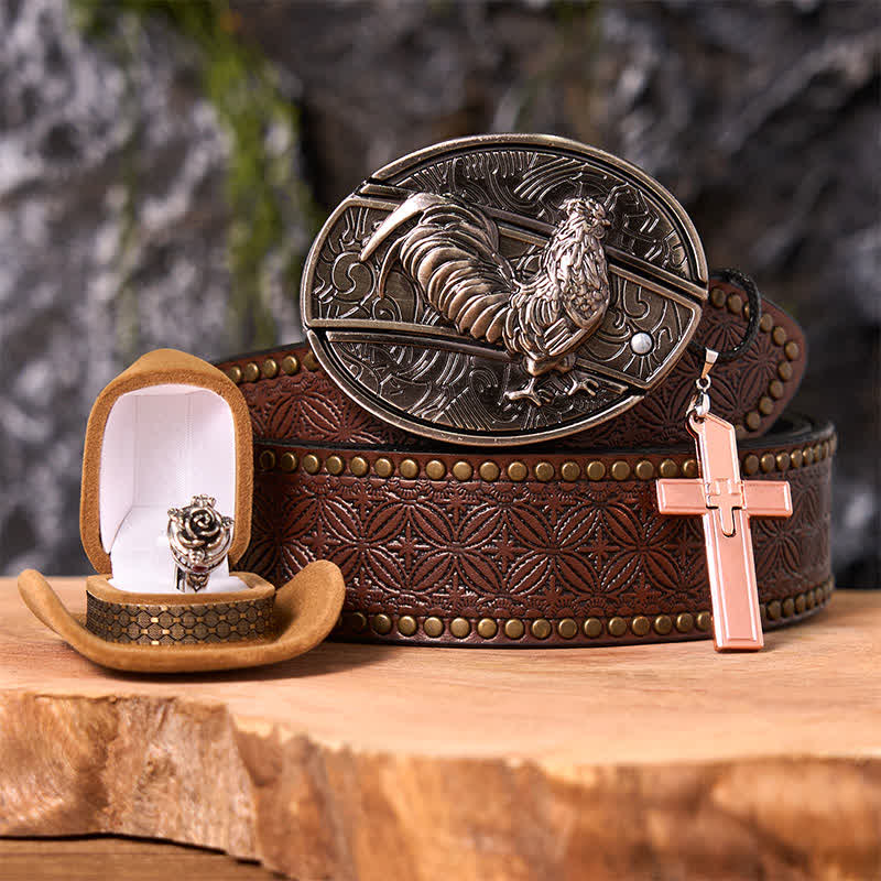 Funny Cock DIY Hidden Knife Belt Buckle Cross Pendant Rose Ring Bundle Set