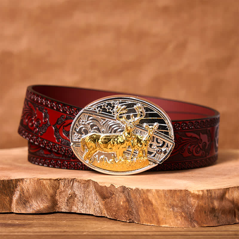 Men's DIY Gold & Silver Deers Hidden Folding Knife Leather Belt