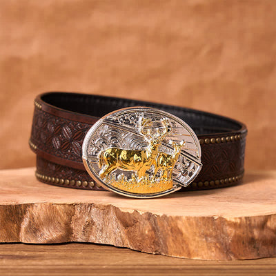 Men's DIY Gold & Silver Deers Hidden Folding Knife Leather Belt