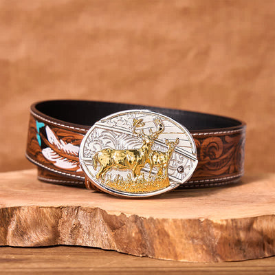 Men's DIY Gold & Silver Deers Hidden Folding Knife Leather Belt