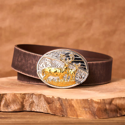 Men's DIY Gold & Silver Deers Hidden Folding Knife Leather Belt