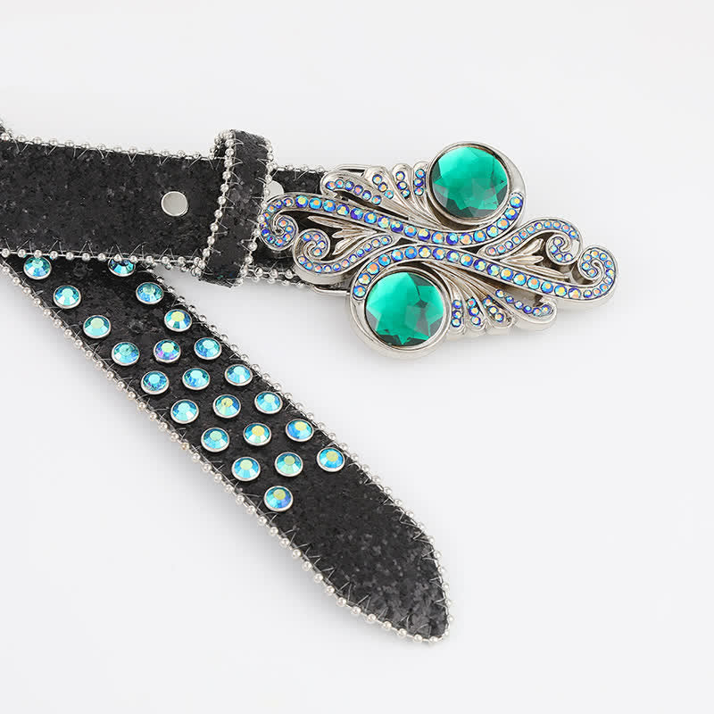 Women's Retro Green Rhinestone Rivets Leather Belt