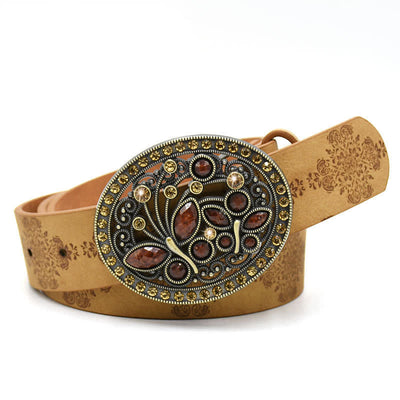 Women's Artificial Crystal Hollow Flower Buckle Leather Belt