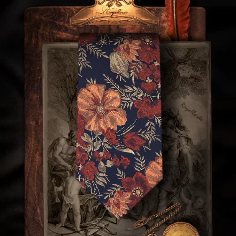 Men's Flower Embroidery Retro Blue Background Necktie