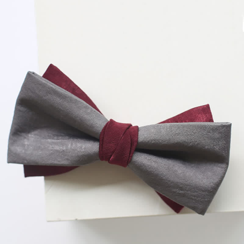 Men's Burgundy & Gray Double Layered Bow Tie