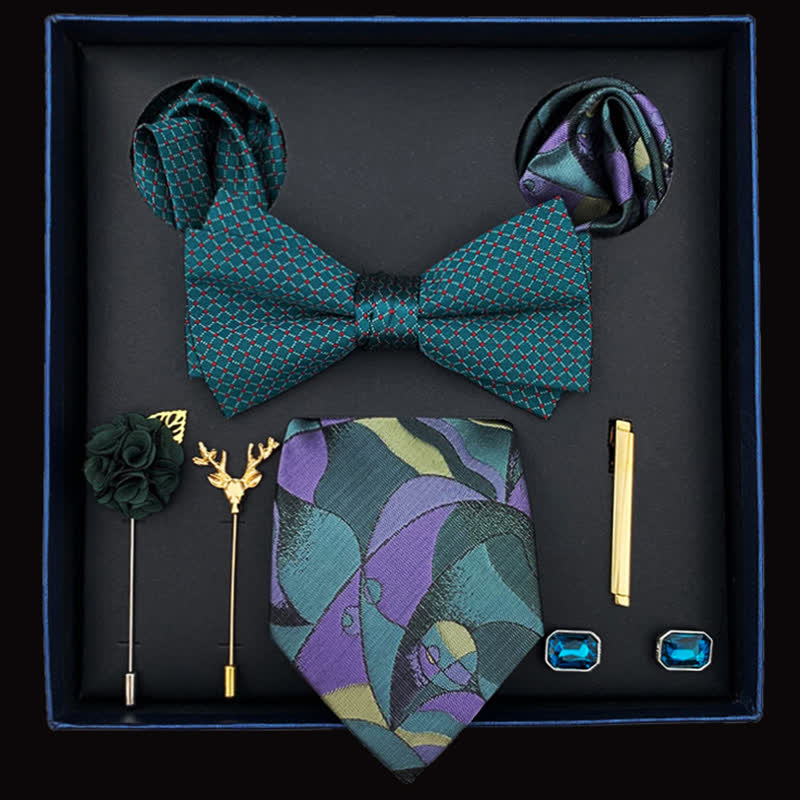 8Pcs Men's Abstract Pattern Teal & Purple Bow Ties Gift Box