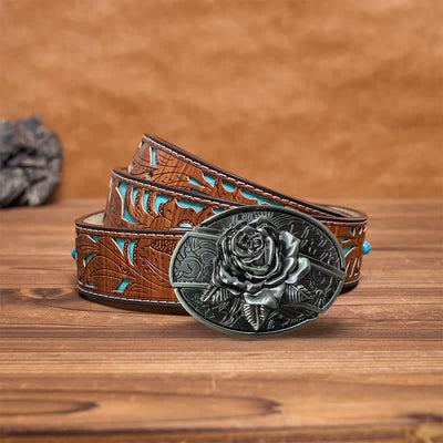 Men's DIY Western Rose Hidden Folding Knife Leather Belt