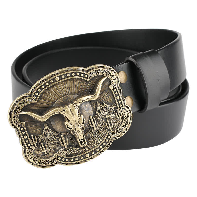 Rodeo Bronze Longhorn Bull Head Leather Belt