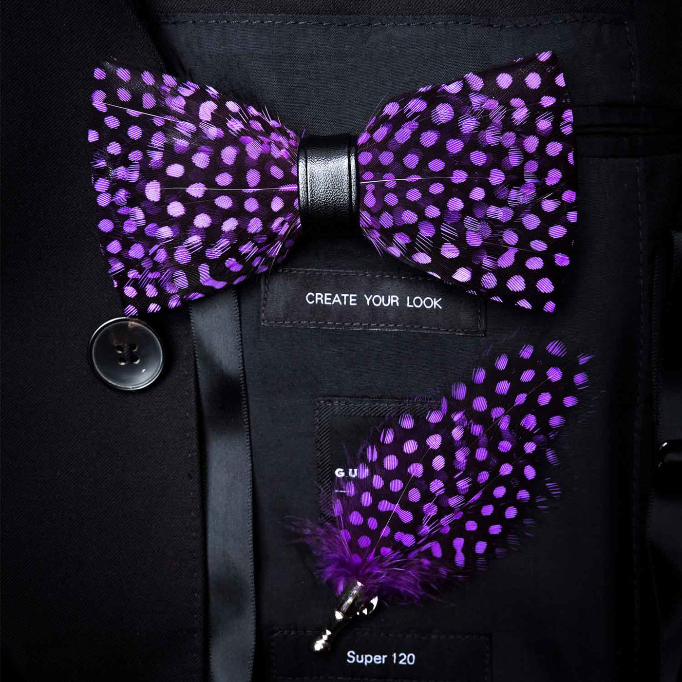 DarkViolet White Polka Dots Feather Bow Tie with Lapel Pin