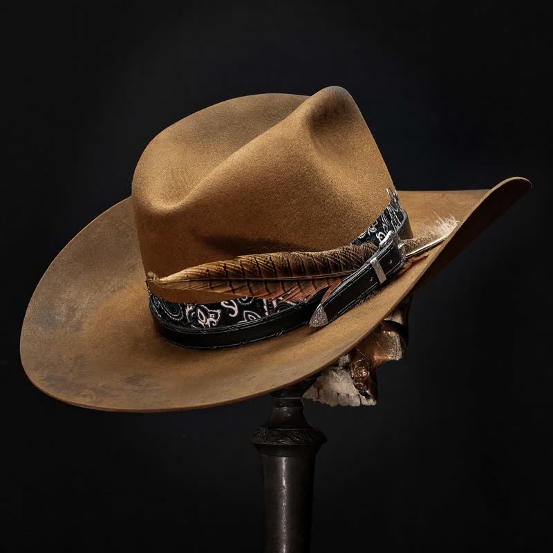 Paisley Leather Strap Feathers Wool Cowboy Hat