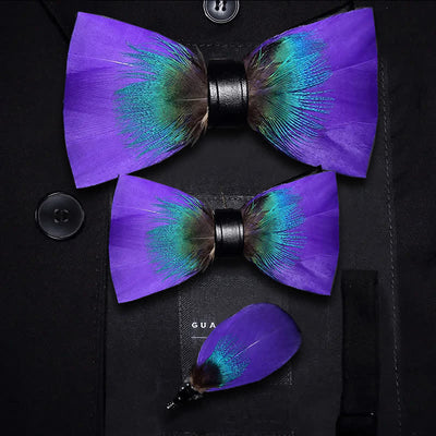 Royalty Purple & Teal Feather Bow Tie with Lapel Pin