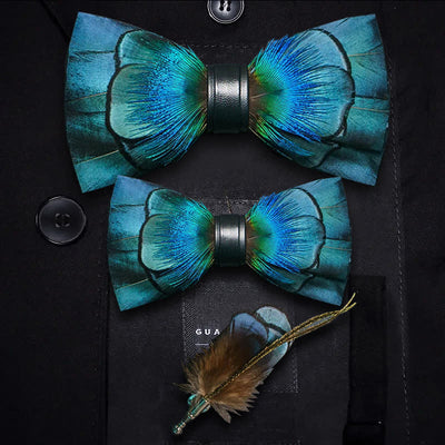 Kid's Lustrous Blue Feather Bow Tie with Lapel Pin