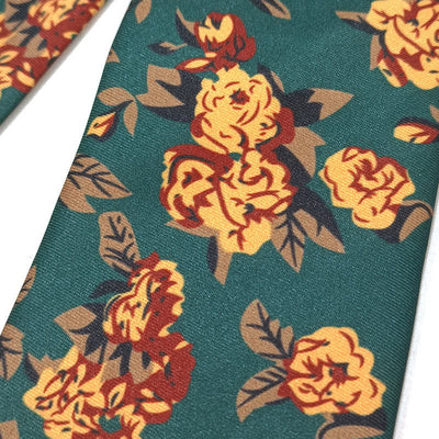 Men's Vintage Dark Green Yellow Flower Print Necktie