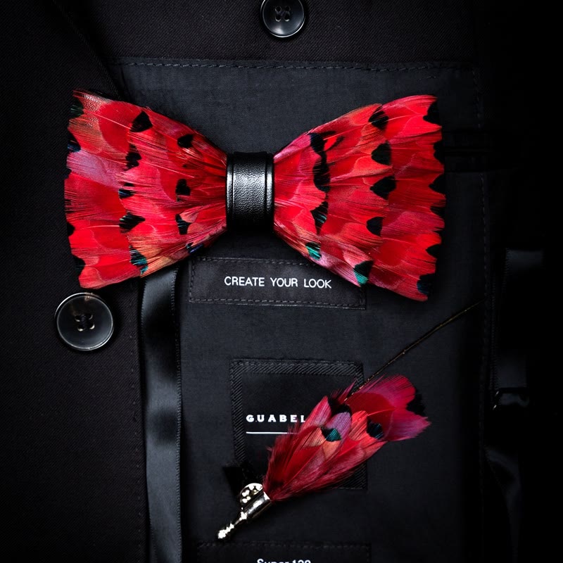 Kid's Red Finch Tail Feather Bow Tie with Lapel Pin